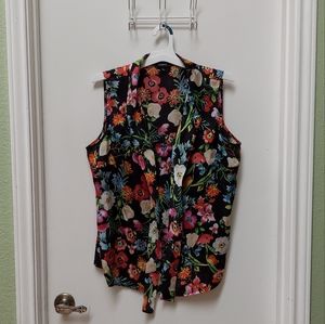 Women's Floral Satin Feel Sleeveless Top With Neck Tie Size XL